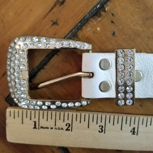 White Bling Gold Tone Studs Fluer De Lis Faux Leather Belt, Sz M / L Sparkle! - Picture 10 of 15